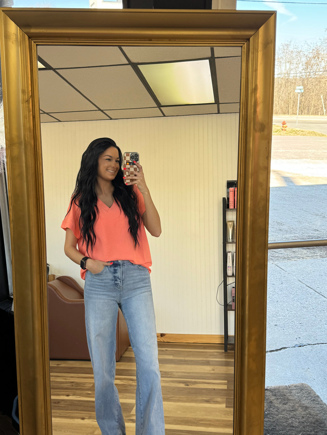 Coral Woven V-Neck Hi-Low
