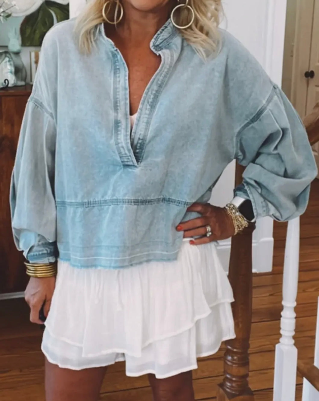 Denim V-neck Long Sleeve