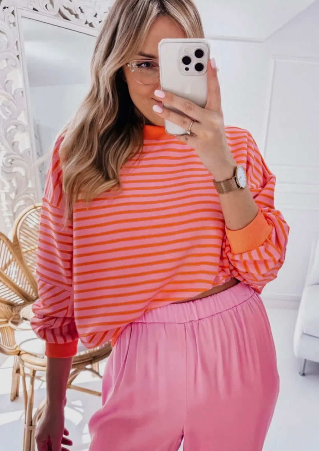 Drop Shoulder Crew Neck Orange Striped