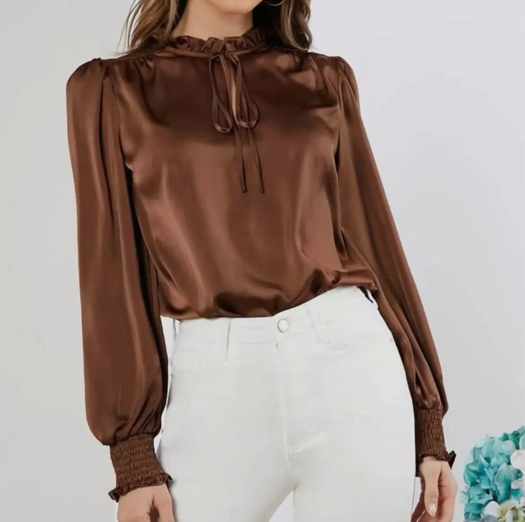 Brown Long Sleeve Tie Neck