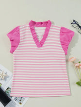 Load image into Gallery viewer, Pink Stripe Ruffle V-Neck

