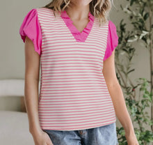 Load image into Gallery viewer, Pink Stripe Ruffle V-Neck
