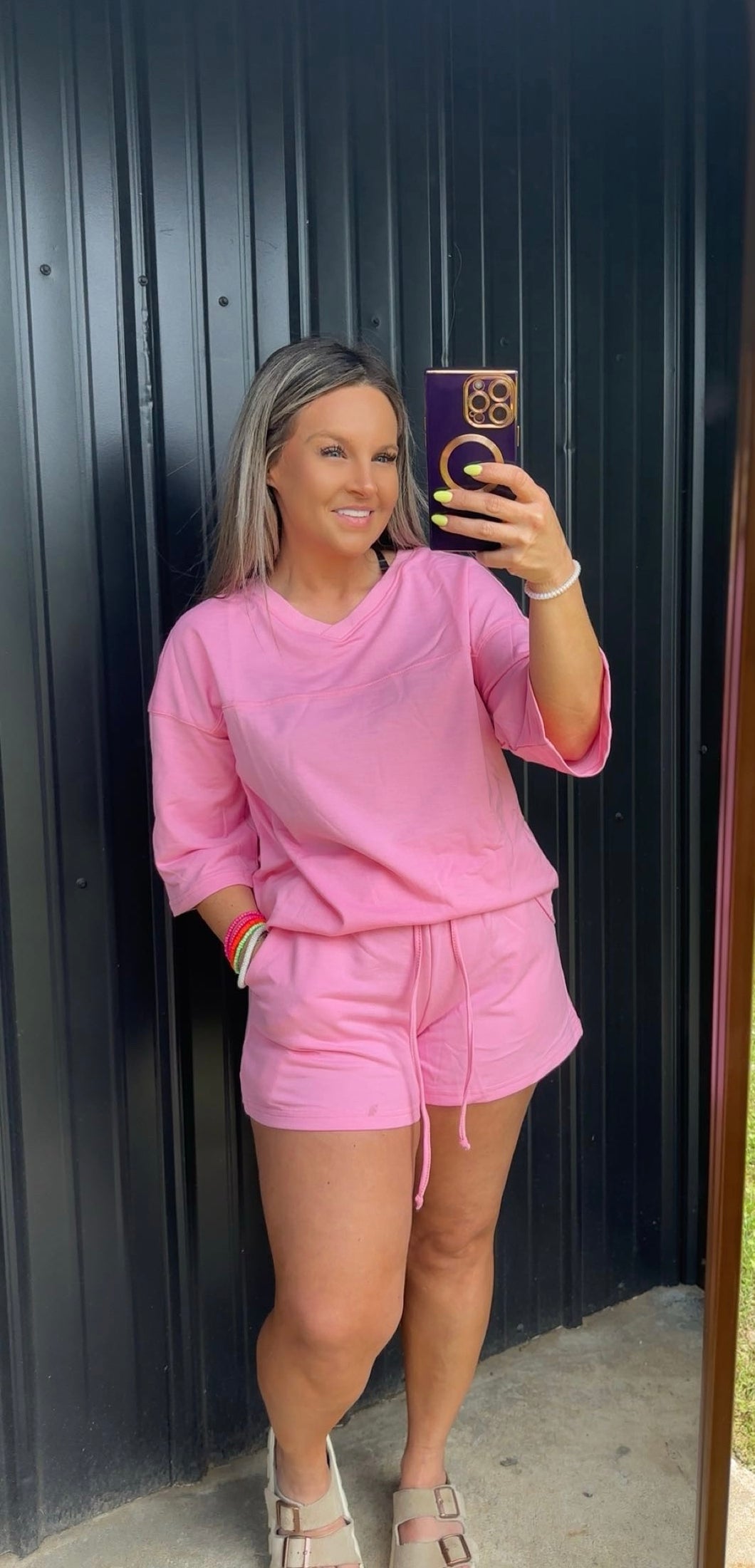 2 Piece Pink V-Neck Half Sleeve Short Set