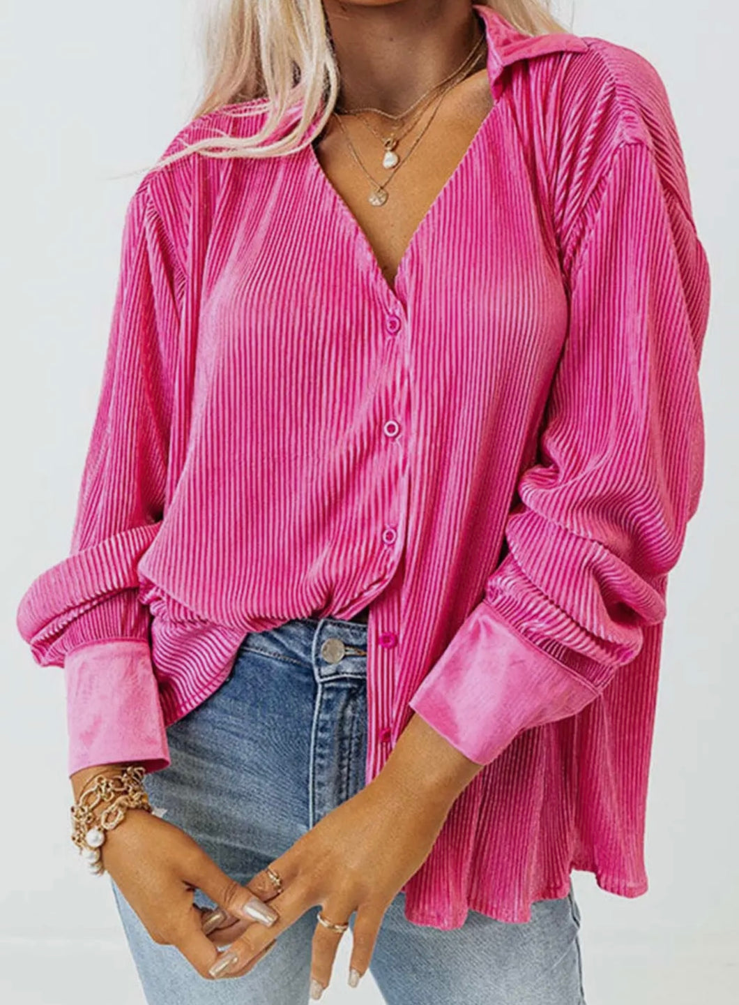 Hot pink pleated long collared long sleeve