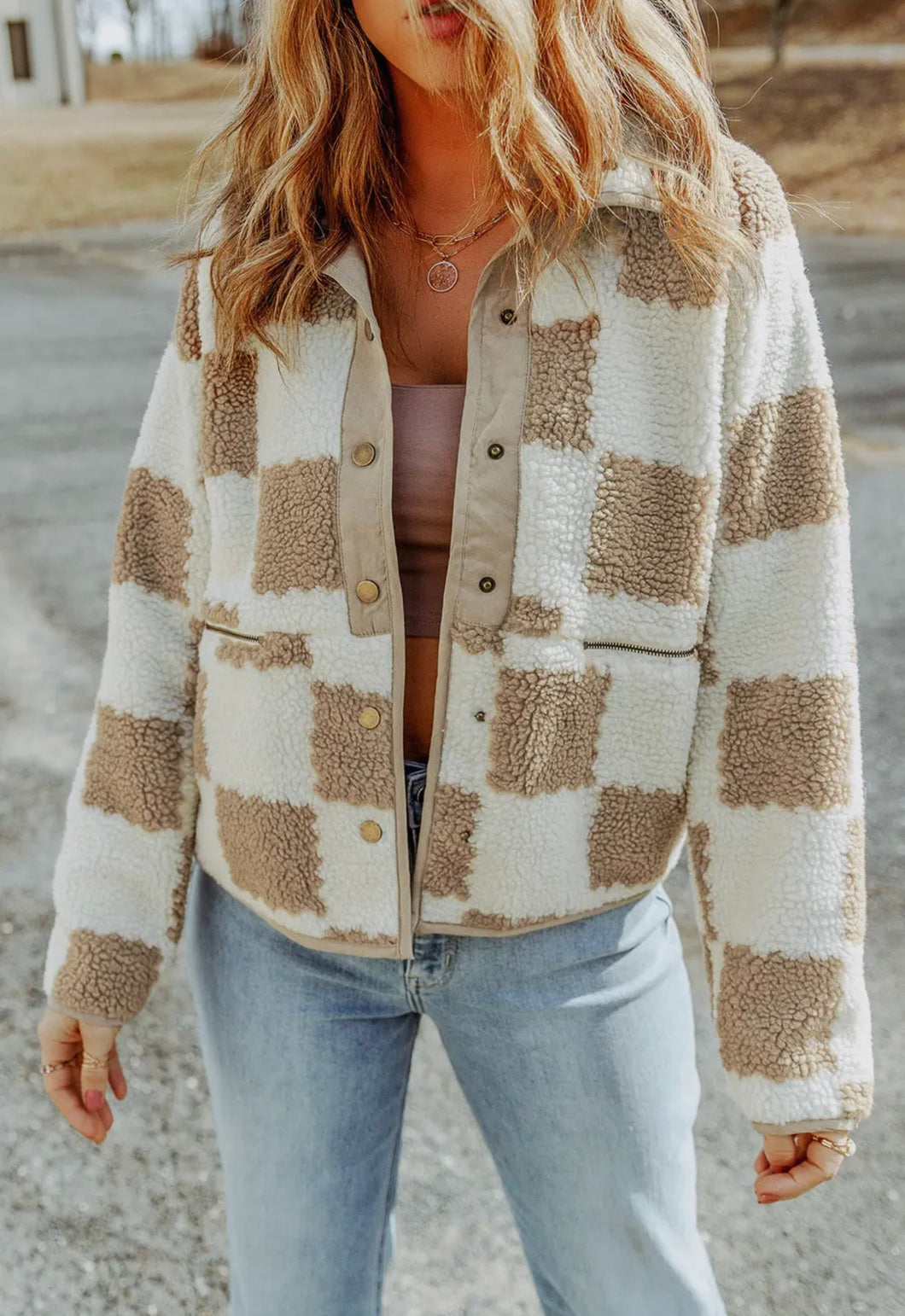 Brown Checkered Sherpa Jacket